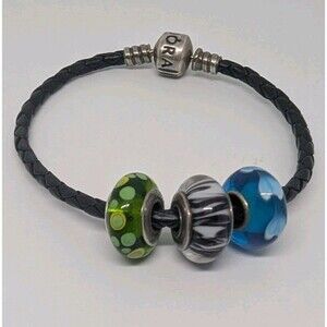 Pandora Sterling Silver 925 Braided Leather Bracelet with Murano Glass Charm